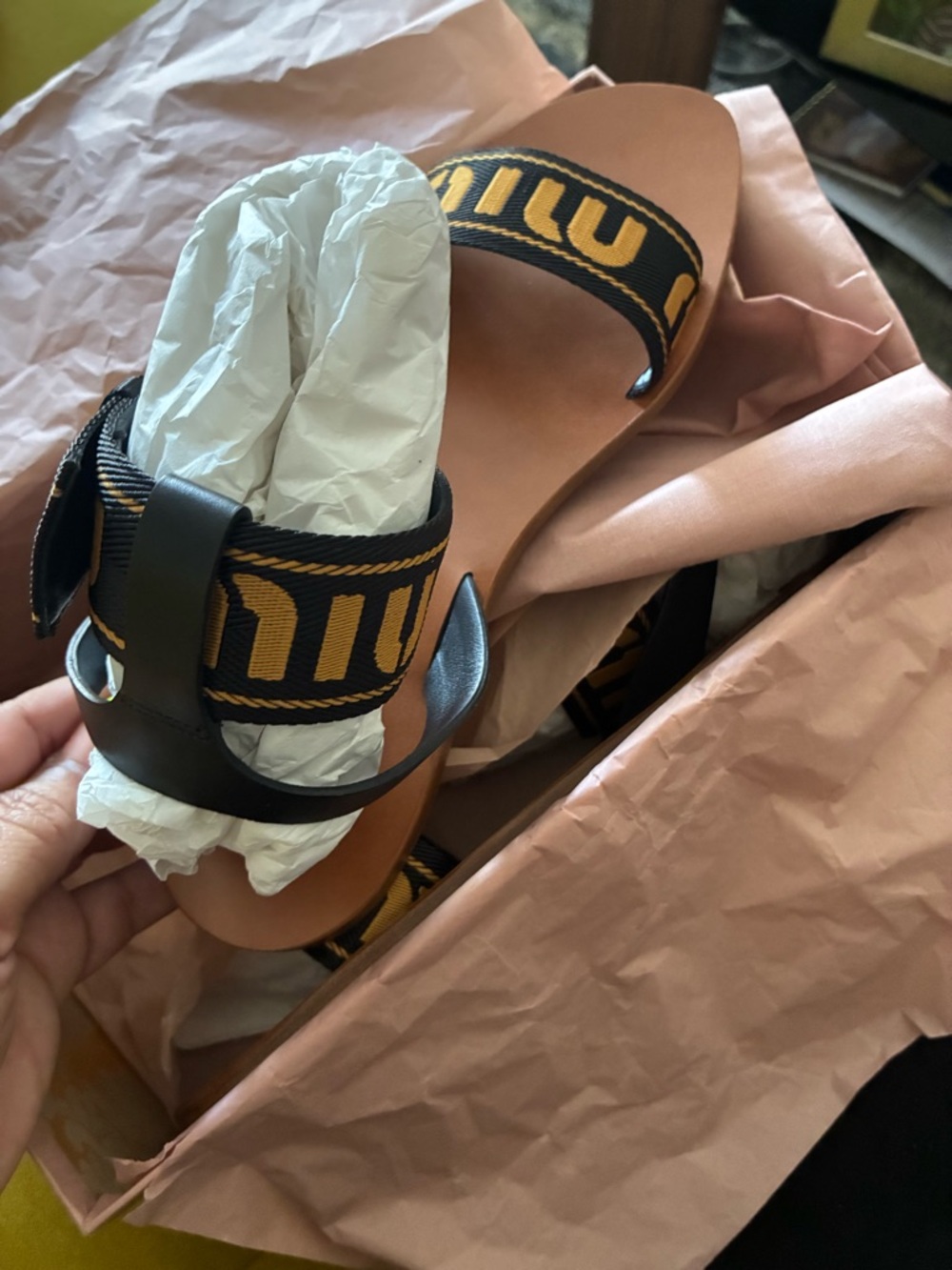 Miu Miu Black and Yellow Logo Webbing Flat Sandals - Picture 4 of 7